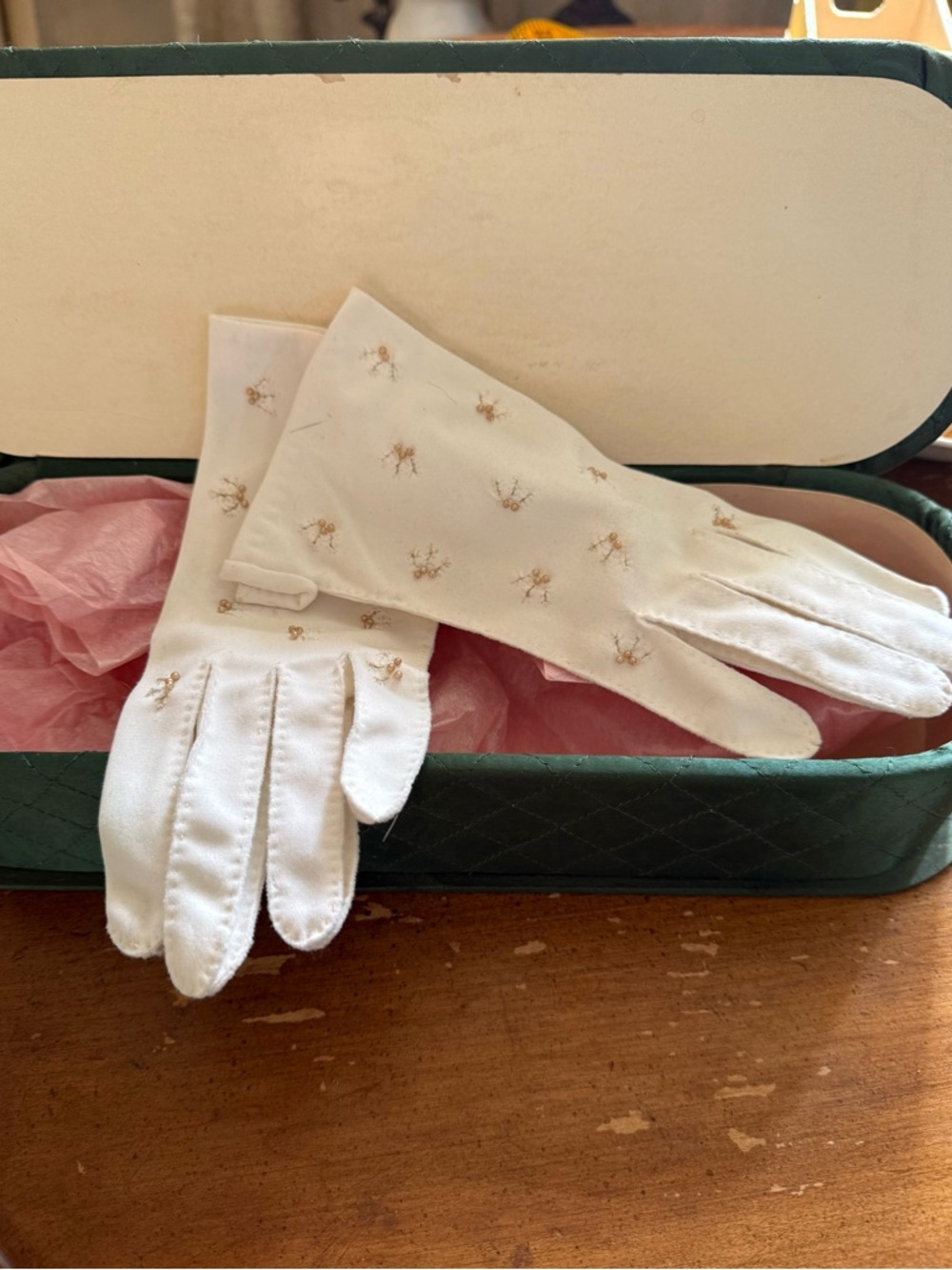 Tea Time Women's Vintage Embroidered & Pearled Dress Gloves, Above the Wrist